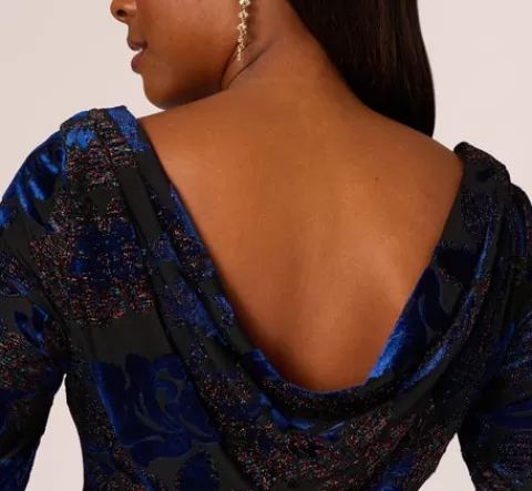 Adrianna Papell Metallic Burnout Velvet Dress With Shirred Details In Black Blue BLACK-BLUE Shop