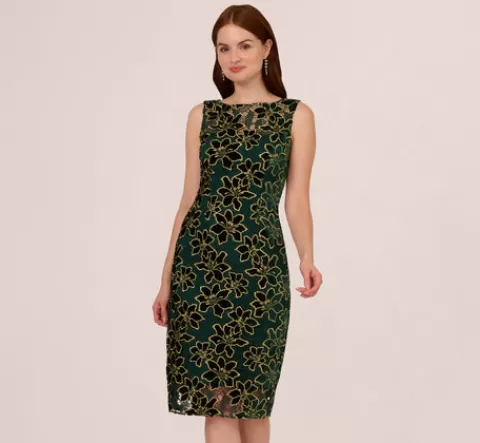 Adrianna Papell Metallic Floral Lace Midi Dress With Illusion Neckline In Hunter Gold HUNTER-GOLD Cheap