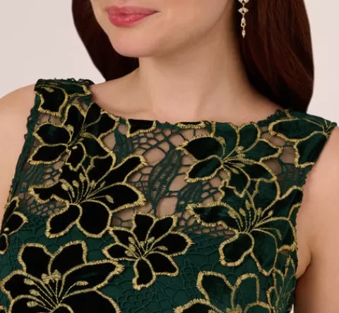 Adrianna Papell Metallic Floral Lace Midi Dress With Illusion Neckline In Hunter Gold HUNTER-GOLD Cheap