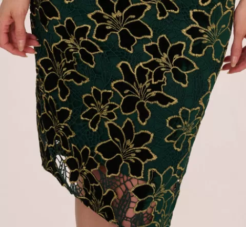 Adrianna Papell Metallic Floral Lace Midi Dress With Illusion Neckline In Hunter Gold HUNTER-GOLD Cheap