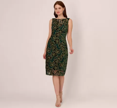 Adrianna Papell Metallic Floral Lace Midi Dress With Illusion Neckline In Hunter Gold HUNTER-GOLD Cheap