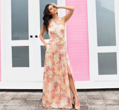 Adrianna Papell Metallic Halter Tiered Maxi Gown In Coral Multi CORALMULTI Cheap