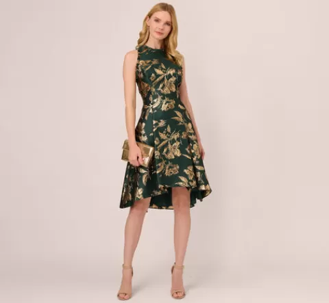 Adrianna Papell Metallic Jacquard High Low Dress With Ruffle Details In HUNTER Cheap
