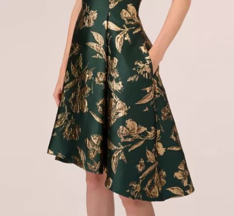 Adrianna Papell Metallic Jacquard High Low Dress With Ruffle Details In HUNTER Cheap