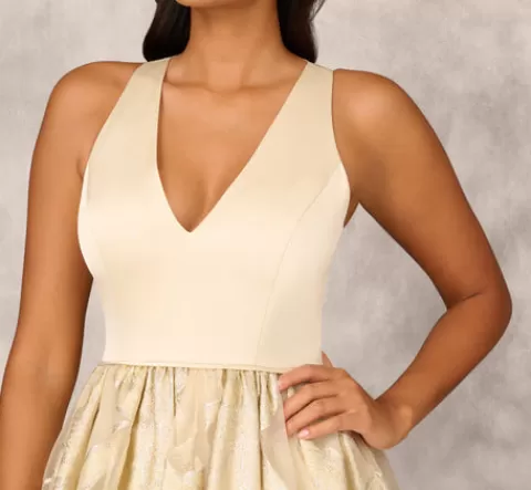 Adrianna Papell Metallic Jacquard Sleeveless Ball Gown With Crinoline Details In Light Gold LIGHTGOLD Discount