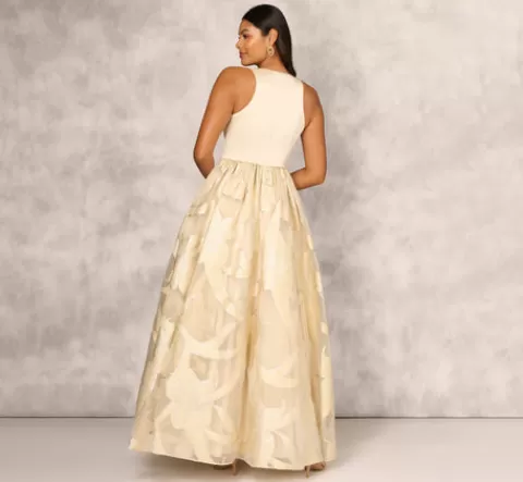Adrianna Papell Metallic Jacquard Sleeveless Ball Gown With Crinoline Details In Light Gold LIGHTGOLD Discount
