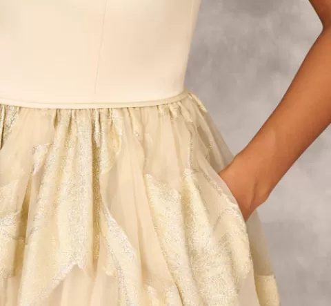 Adrianna Papell Metallic Jacquard Sleeveless Ball Gown With Crinoline Details In Light Gold LIGHTGOLD Discount