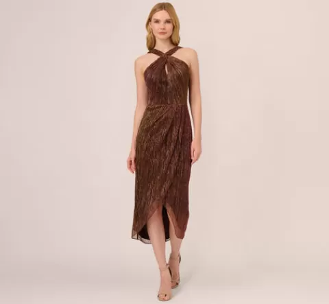 Adrianna Papell Metallic Knit Halter Midi Dress With Wrap Skirt In COPPER Online