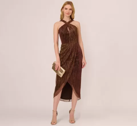Adrianna Papell Metallic Knit Halter Midi Dress With Wrap Skirt In COPPER Online