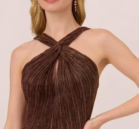 Adrianna Papell Metallic Knit Halter Midi Dress With Wrap Skirt In COPPER Online