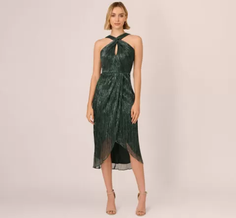 Adrianna Papell Metallic Knit Halter Midi Dress With Wrap Skirt In Green Pine GREENPINE Sale