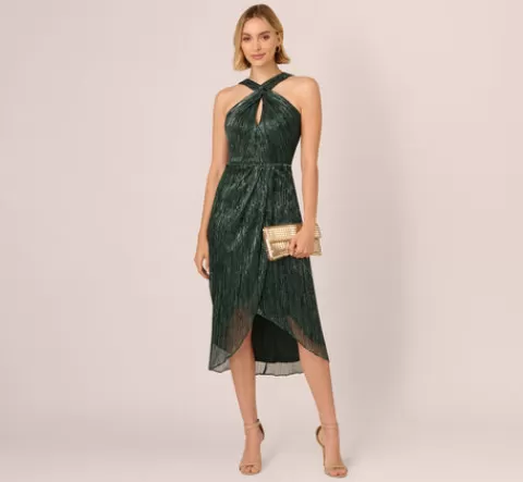 Adrianna Papell Metallic Knit Halter Midi Dress With Wrap Skirt In Green Pine GREENPINE Sale