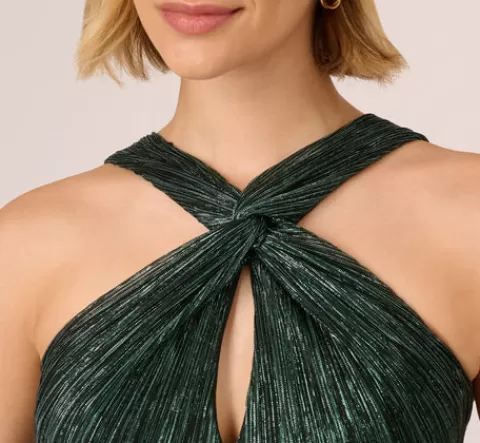 Adrianna Papell Metallic Knit Halter Midi Dress With Wrap Skirt In Green Pine GREENPINE Sale