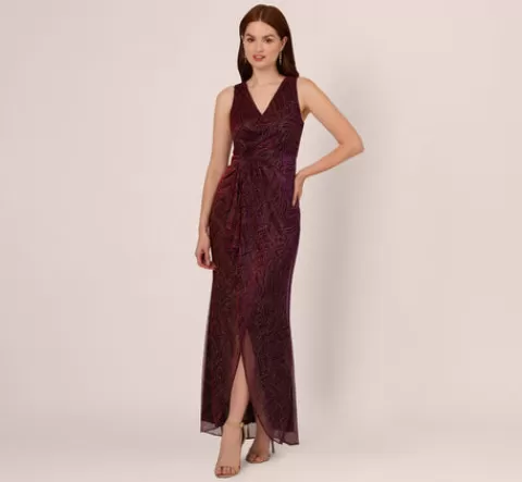 Adrianna Papell Metallic Mesh Faux Wrap Gown With Ruffle Accents In Burgundy Gold BURGUNDY-GOLD Discount