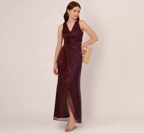 Adrianna Papell Metallic Mesh Faux Wrap Gown With Ruffle Accents In Burgundy Gold BURGUNDY-GOLD Discount