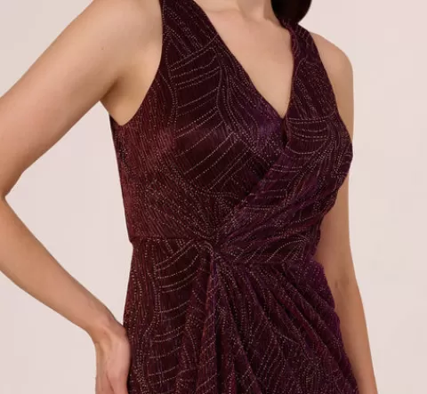 Adrianna Papell Metallic Mesh Faux Wrap Gown With Ruffle Accents In Burgundy Gold BURGUNDY-GOLD Discount