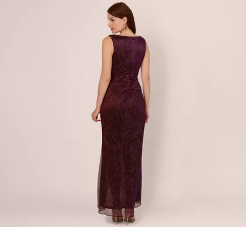 Adrianna Papell Metallic Mesh Faux Wrap Gown With Ruffle Accents In Burgundy Gold BURGUNDY-GOLD Discount