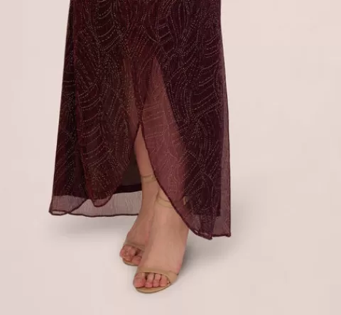 Adrianna Papell Metallic Mesh Faux Wrap Gown With Ruffle Accents In Burgundy Gold BURGUNDY-GOLD Discount