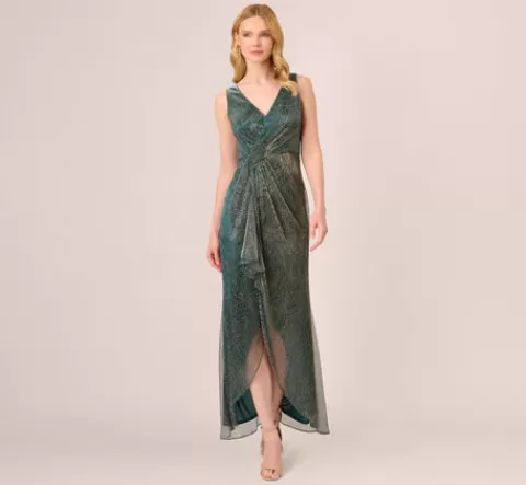 Adrianna Papell Metallic Mesh Faux Wrap Gown With Ruffle Accents In EVERGREEN Best