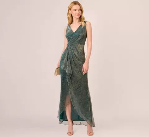 Adrianna Papell Metallic Mesh Faux Wrap Gown With Ruffle Accents In EVERGREEN Best