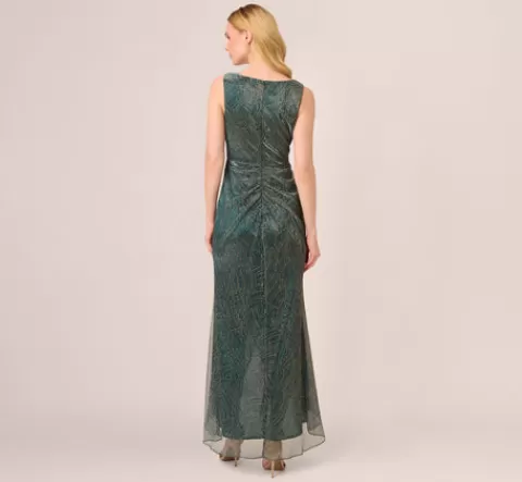 Adrianna Papell Metallic Mesh Faux Wrap Gown With Ruffle Accents In EVERGREEN Best