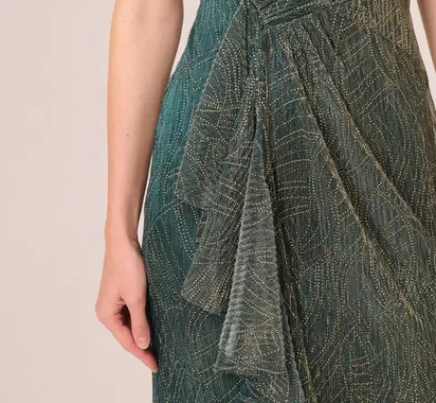 Adrianna Papell Metallic Mesh Faux Wrap Gown With Ruffle Accents In EVERGREEN Best