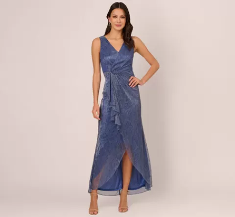 Adrianna Papell Metallic Mesh Faux Wrap Gown With Ruffle Accents In Light Navy LIGHTNAVY Store