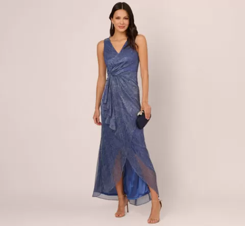 Adrianna Papell Metallic Mesh Faux Wrap Gown With Ruffle Accents In Light Navy LIGHTNAVY Store