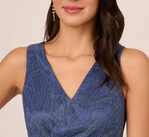 Adrianna Papell Metallic Mesh Faux Wrap Gown With Ruffle Accents In Light Navy LIGHTNAVY Store