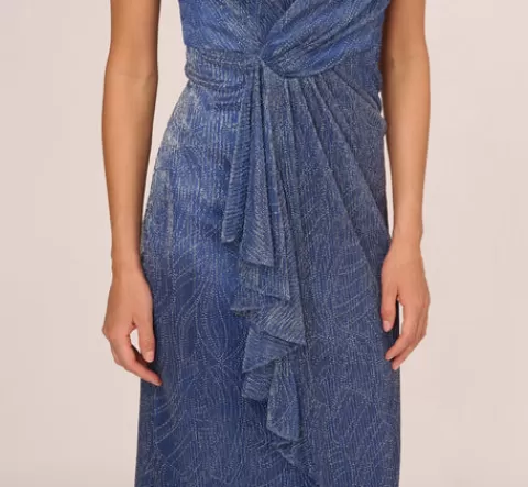 Adrianna Papell Metallic Mesh Faux Wrap Gown With Ruffle Accents In Light Navy LIGHTNAVY Store
