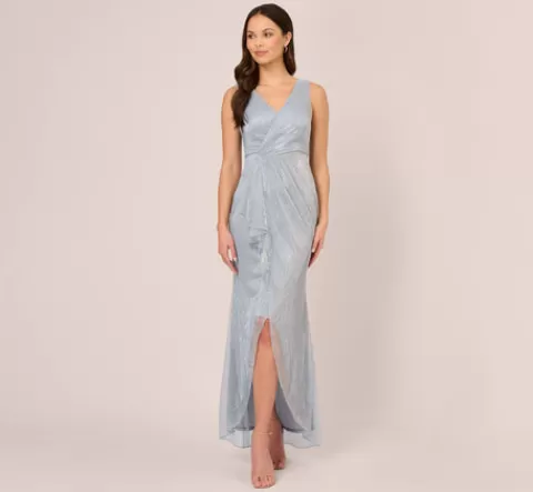 Adrianna Papell Metallic Mesh Faux Wrap Gown With Ruffle Accents In Sky Blue SKYBLUE Online