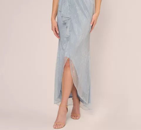 Adrianna Papell Metallic Mesh Faux Wrap Gown With Ruffle Accents In Sky Blue SKYBLUE Online