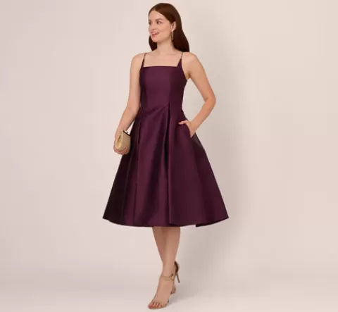 Adrianna Papell Mikado Midi Dress With Beaded Spaghetti Straps In Pinot Noir PINOTNOIR Sale