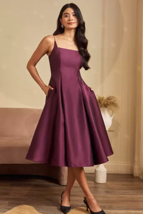 Adrianna Papell Mikado Midi Dress With Beaded Spaghetti Straps In Pinot Noir PINOTNOIR Sale