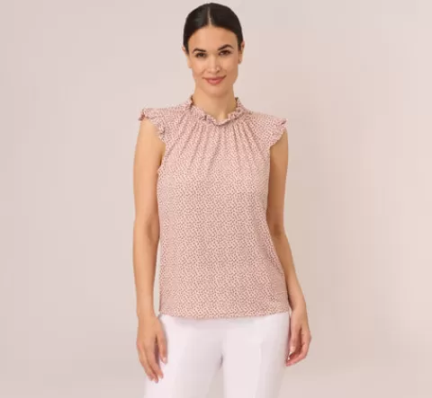 Adrianna Papell Mock Neck Print Top With Ruffled Details In Champagne Blowing Leaf CHAMPAGNEBLOWINGLEAF Best Sale