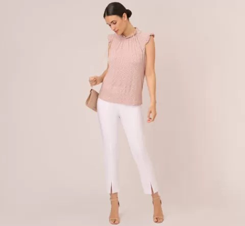 Adrianna Papell Mock Neck Print Top With Ruffled Details In Champagne Blowing Leaf CHAMPAGNEBLOWINGLEAF Best Sale