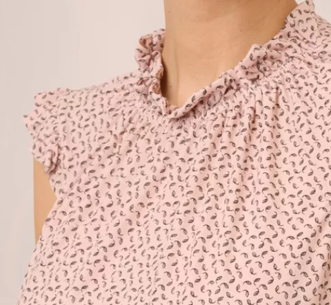 Adrianna Papell Mock Neck Print Top With Ruffled Details In Champagne Blowing Leaf CHAMPAGNEBLOWINGLEAF Best Sale