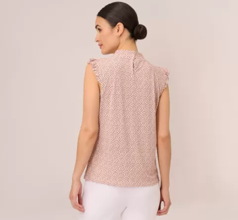 Adrianna Papell Mock Neck Print Top With Ruffled Details In Champagne Blowing Leaf CHAMPAGNEBLOWINGLEAF Best Sale