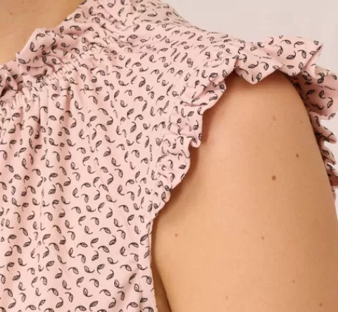 Adrianna Papell Mock Neck Print Top With Ruffled Details In Champagne Blowing Leaf CHAMPAGNEBLOWINGLEAF Best Sale