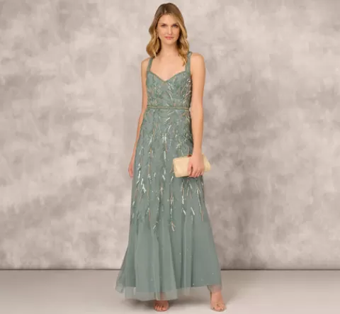 Adrianna Papell Multicolor Beaded Mermaid Gown With Sweetheart Neckline In Dark Sage DARKSAGE New
