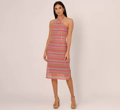 Adrianna Papell Multicolor Crochet Midi Dress With Halter Neckline In Purple Multi PURPLEMULTI Flash Sale