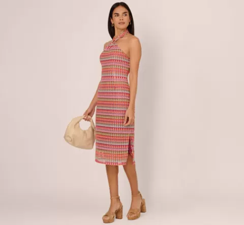 Adrianna Papell Multicolor Crochet Midi Dress With Halter Neckline In Purple Multi PURPLEMULTI Flash Sale