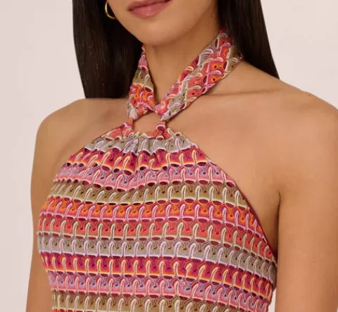 Adrianna Papell Multicolor Crochet Midi Dress With Halter Neckline In Purple Multi PURPLEMULTI Flash Sale