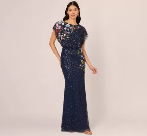 Adrianna Papell Multicolor Floral Beaded Mermaid Gown With Dolman Sleeves In Midnight Multi MIDNIGHTMULTI Hot