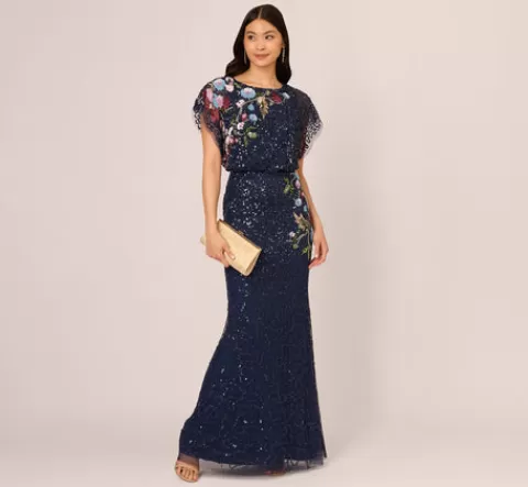 Adrianna Papell Multicolor Floral Beaded Mermaid Gown With Dolman Sleeves In Midnight Multi MIDNIGHTMULTI Hot