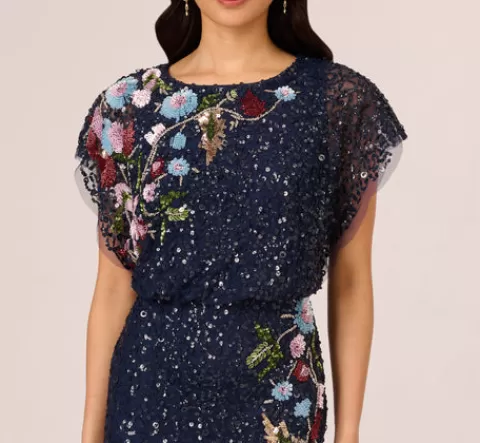 Adrianna Papell Multicolor Floral Beaded Mermaid Gown With Dolman Sleeves In Midnight Multi MIDNIGHTMULTI Hot