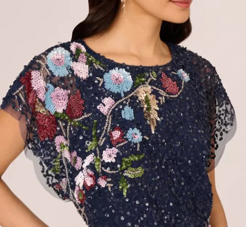 Adrianna Papell Multicolor Floral Beaded Mermaid Gown With Dolman Sleeves In Midnight Multi MIDNIGHTMULTI Hot