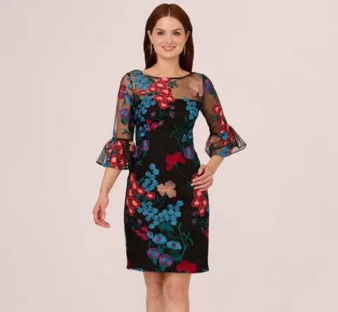 Adrianna Papell Multicolor Floral Embroidered Sheath Dress With Sheer Bell Sleeves In Black Multi BLACKMULTI Best