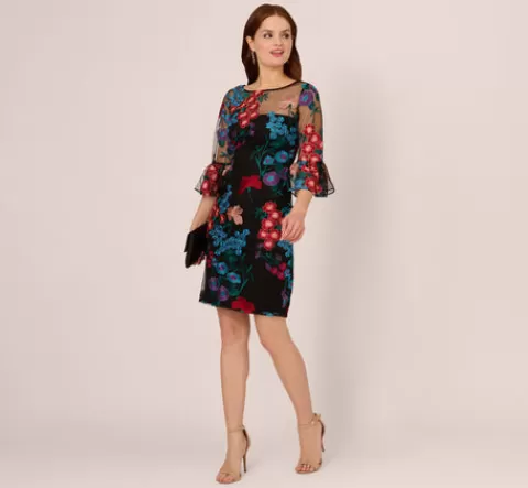 Adrianna Papell Multicolor Floral Embroidered Sheath Dress With Sheer Bell Sleeves In Black Multi BLACKMULTI Best