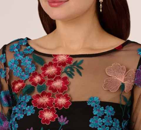 Adrianna Papell Multicolor Floral Embroidered Sheath Dress With Sheer Bell Sleeves In Black Multi BLACKMULTI Best